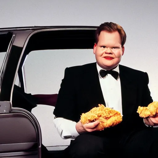 Prompt: 1990s tv still of Andy Richter wearing a black suit and necktie sitting in the front seat his car and eating from a bucket of KFC chicken