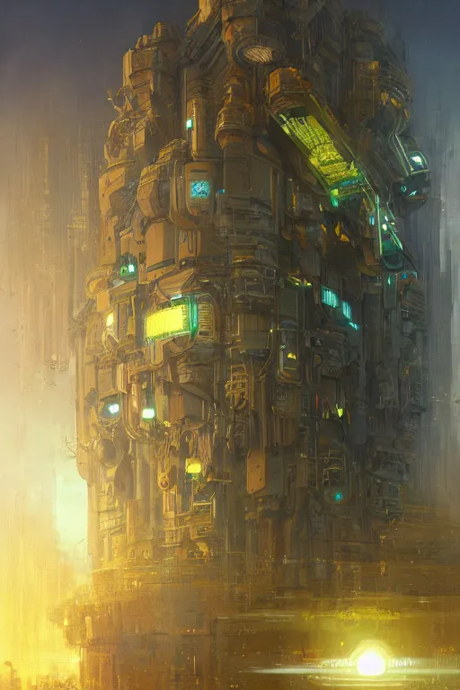 Image similar to A solarpunk very highly detailed supercomputer with very highly GUI in a very highly detailed cyberpunk middle age sci-fi style, digital rational painting art by Greg Rutkowski and Reka Nyari, sci-fi highly detailed, digital concept art, Dimensional cyan gold natural light, sharp focus, Golden Ratio illustration, realistic concept art by Stephen Hickman and James Gurney and Hiromasa Ogura Ghost in the Shell rendered in Octane Render, From the distance