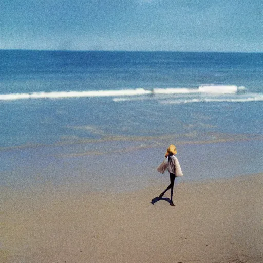 Prompt: a film photo young 20s something woman walking on beach in Oregon, Kodak gold 200 film, trending on instagram