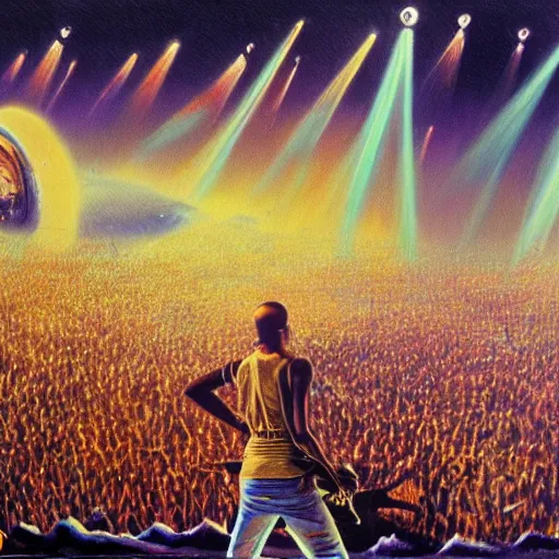 Image similar to a detailed painting of wizkid performing on stage to millions of aliens. by bruce pennington.