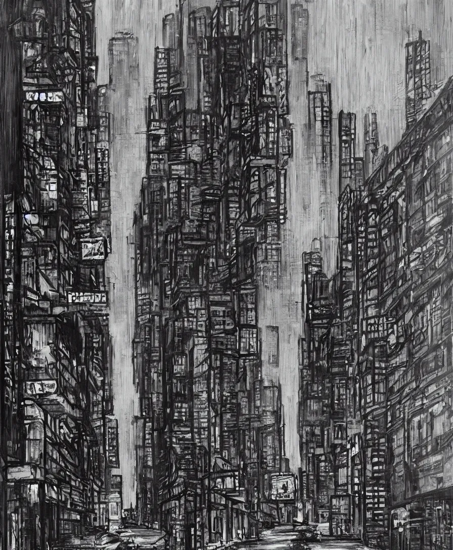Prompt: cityscape alleyway dark grungy new york painting in the style of Bob Ross