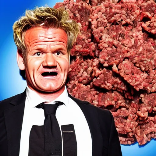 Image similar to Gordon Ramsey screaming at a giant pile of ground beef, photo, reality tv show lighting