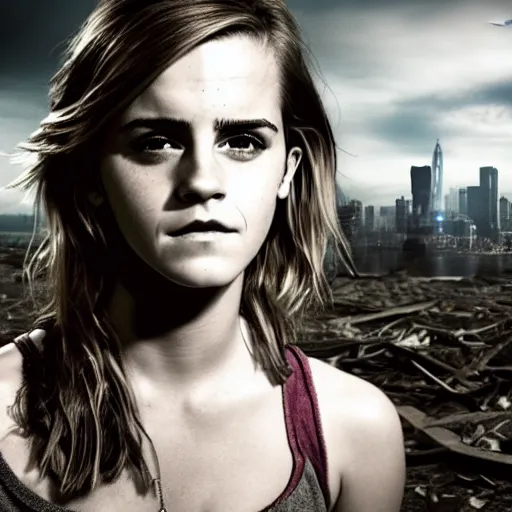 Image similar to concerned and tired emma watson in shredded dirty clothes rags, in the ruins of civilization after the apocalypse, looming city ruins backdrop, hd photo, high detail