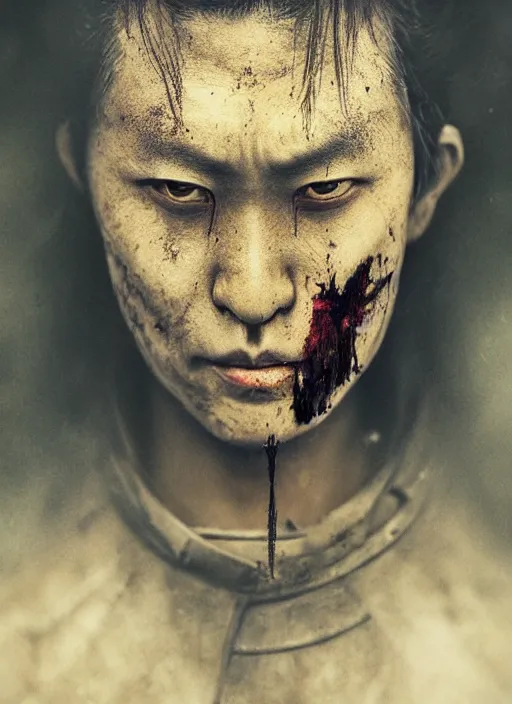 Prompt: samurai portrait photo, wearing all black mempo mask, after a battle, war scene, dirt and unclean, extreme detail, cinematic, dramatic lighting render, extreme photorealism photo by national geographic, tom bagshaw, masterpiece