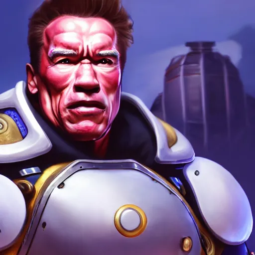 Image similar to a screenshot of arnold schwarzenegger as mei in overwatch, portrait, fantasy, beautiful face, vivid colors, elegant, concept art, sharp focus, digital art, hyper - realistic, 4 k, unreal engine, highly detailed, hd, dramatic lighting by brom, trending on artstation