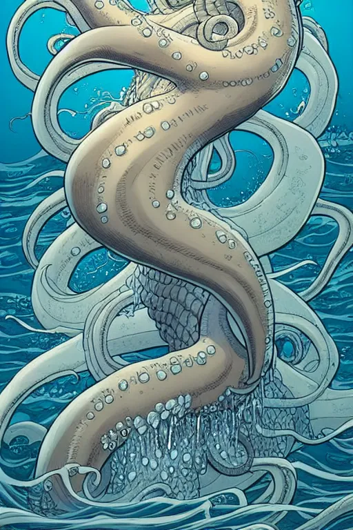 Prompt: comic cover art of a giant kraken emerging from a tempestuous sea, by jenny frison and sana takeda, intricate details, stunning inking lines, flat colors, 4 k, hd, artstation