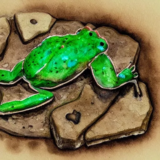 Image similar to archaeological artifact. photograph. watercolor painting. frog. frog. frog. death and decay. cemetery; exposed bones. elephant graveyard; cartilage. ancient burial ground. frog frog frog!