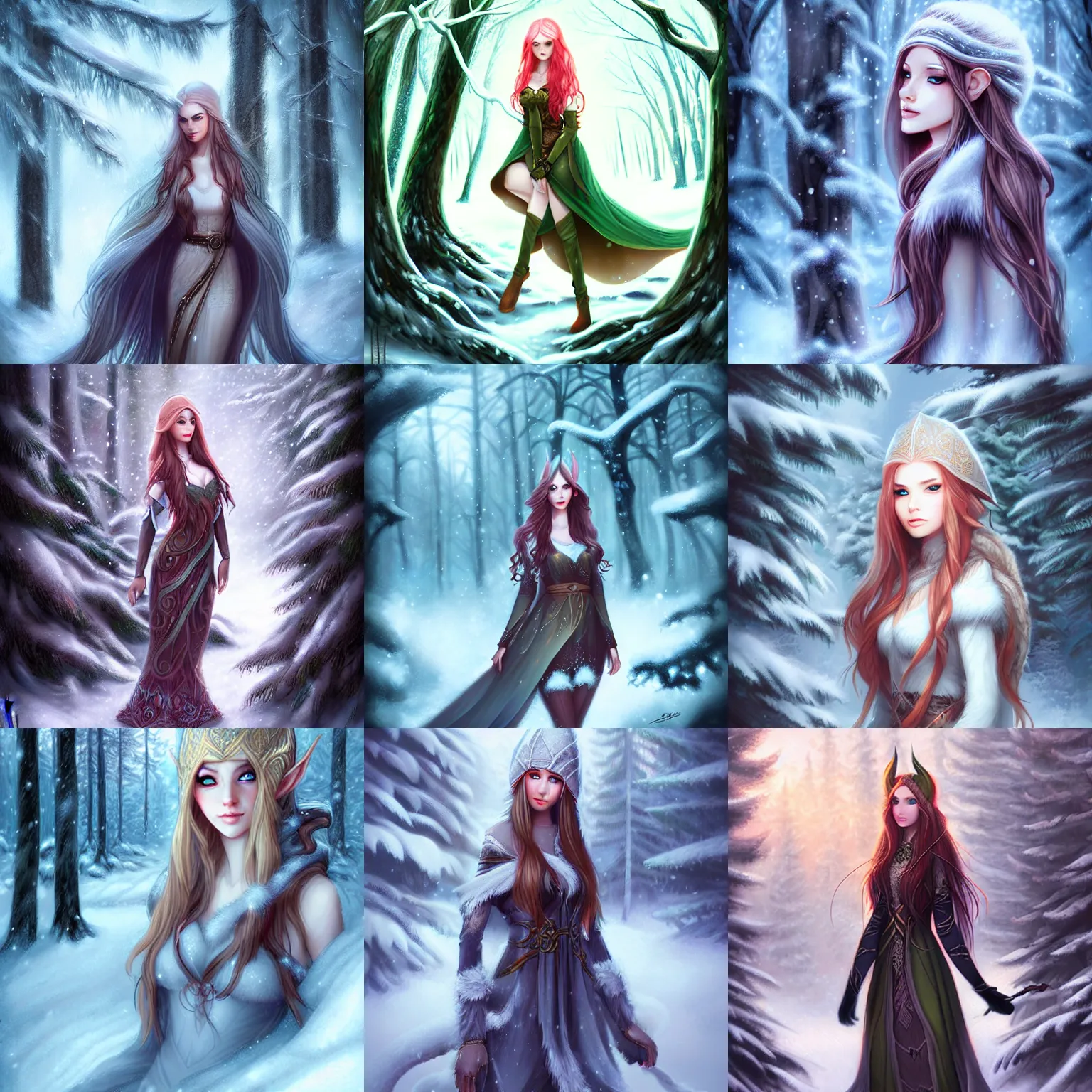 Prompt: beautiful elven girl in winter forest by ross tran