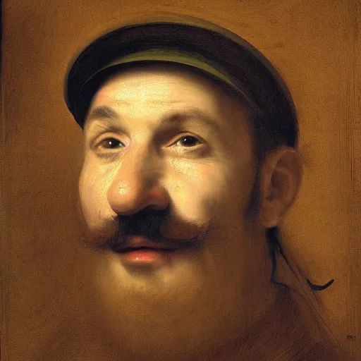 Prompt: Portrait of Luigi drawn by REMBRANDT, hyperrealistic, hyper detalied, high quality, 8k,