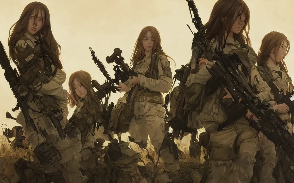 Prompt: war movie scene, squad, infantry girls, anime style, long hair, hair down, symmetrical facial features, explosions, wallpaper, from girls frontline, hyper realistic, pale skin, rule of thirds, extreme detail, realistic lighting, detailed drawing, trending artstation, hd, trading card, by alphonse mucha, greg rutkowski, backlit