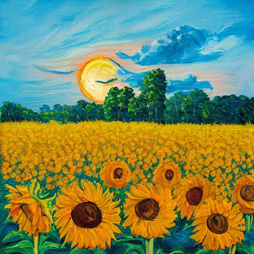 Image similar to Impasto painting of a hidden elephant in a field of sunflowers over a sunset