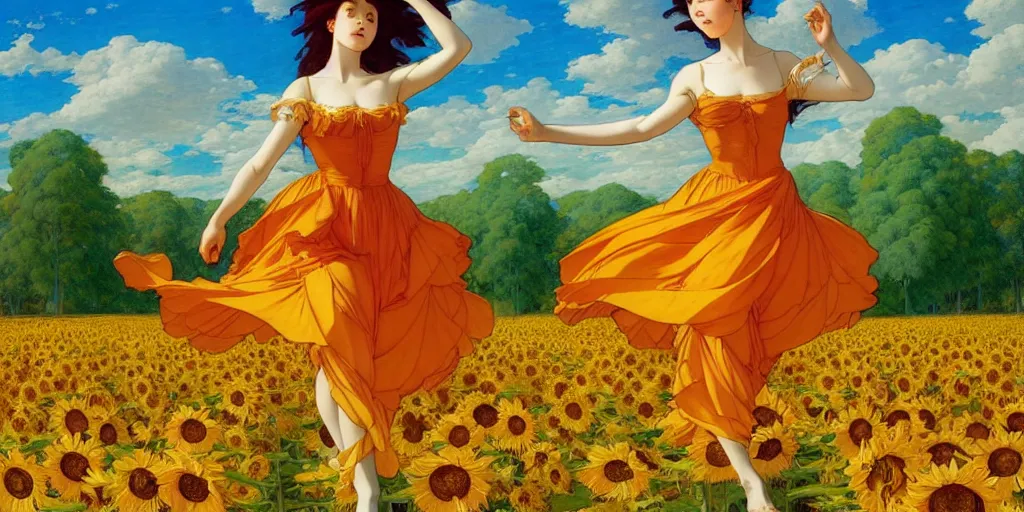 Image similar to beautiful young girl dancing in a fiery dress in a beautiful field of sunflowers and lilies, like leonardo da vinci sketches! in the style of studio ghibli, j. c. leyendecker, greg rutkowski, artgerm