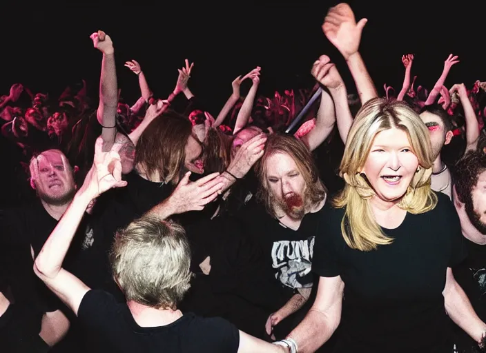 Image similar to publicity photo still of martha stewart in a death metal band in the mosh pit, 8 k, live concert lighting, mid shot