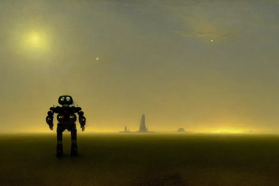 Image similar to sci-fi painting of a large alien city on the vast wheat fields, the closed back view of only one humanoid robot on the ground, by Ivan Aivazovsky, godrays, detailed