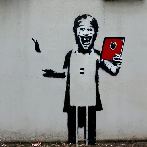 Image similar to a banksy style street art of a physician screaming at a computer