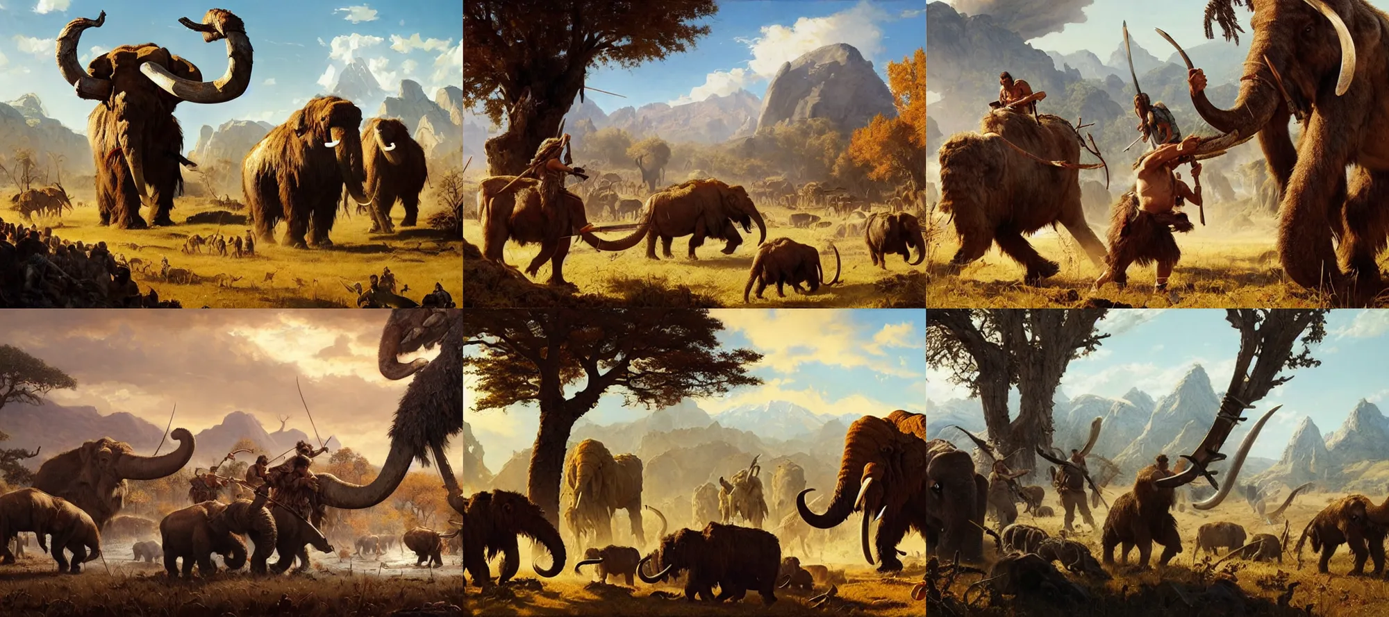 Prompt: epic scene of prehistoric hunter gatherers hunting a wooly mammoth with spears, autumn season, clear and beautiful sunny weather, epic feels, high details, oil painting by greg rutkowski and craig mullins, frank frazetta, 8 k