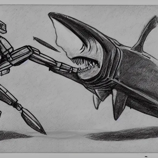 Image similar to a storyboard sketch showing a giant athletic humanoid mecha robot punching a giant humanoid hammerhead shark creature in the head