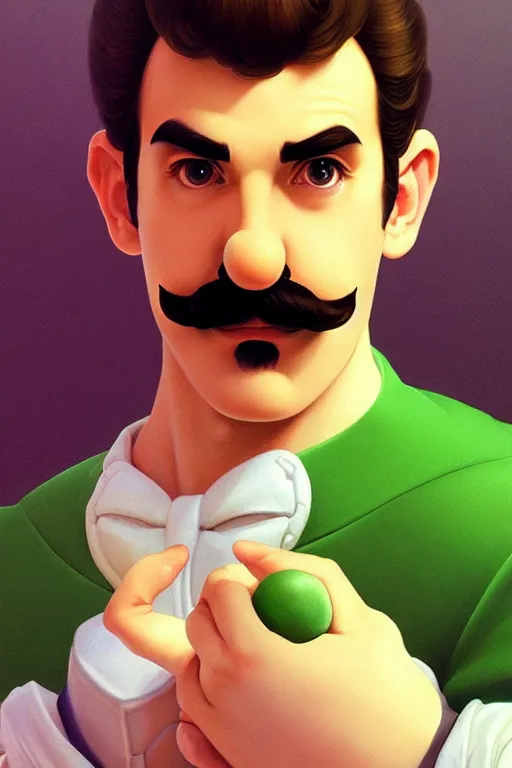 Image similar to a portrait of luigi from mario bros., fantasy, sharp focus, intricate, elegant, digital painting, artstation, matte, highly detailed, concept art, illustration, ambient lighting, art by ilya kuvshinov, artgerm, alphonse mucha, and greg rutkowski