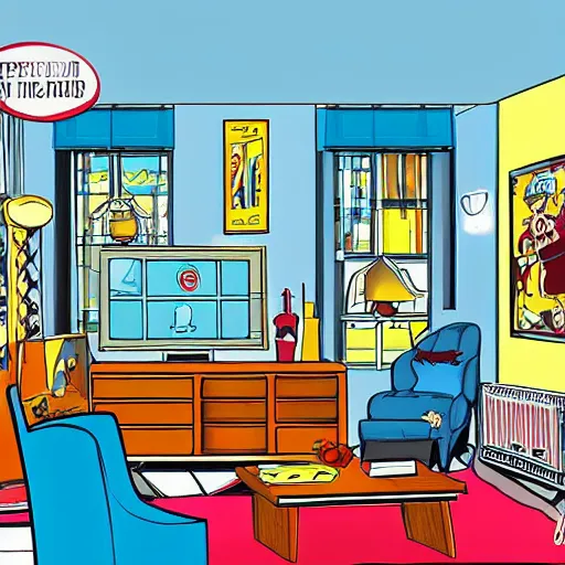 Prompt: beautiful apartment interior, in the style of dan decarlo, archie comics