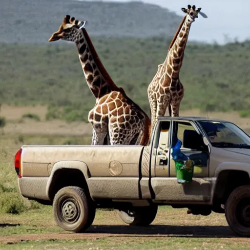 Prompt: a giraffe in a safari truck in south africa watching humans drink water mid dat