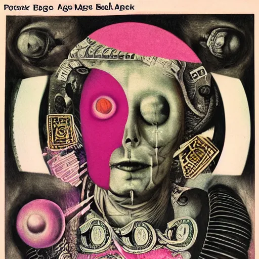 Image similar to post - punk new age album cover, asymmetrical design, frame of a dollar bank notes, capitalism, magic, apocalypse, psychedelic, black white pink, magic, giger h. r., giuseppe arcimboldo