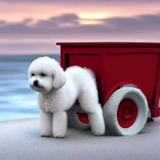 Image similar to a photorealistic photograph of a smiling white Bichon Frisé puppy pulling a little red wagon full to the brim with french fries during sunset at the beach Trending on Artstation, featured on Behance, well-rendered, Unreal Engine, 4K HD