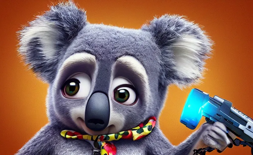 Image similar to “ cute koala with very big eyes, wearing a bandana and chain, holding a laser gun, standing on a desk, digital art, award winning, in the style of the movie zootopia ”