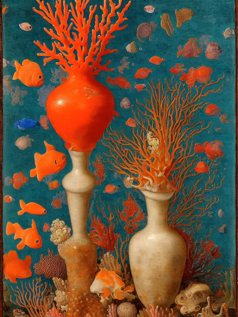 Prompt: bottle vase of coral under the sea decorated with a dense field of stylized scrolls that have opaque outlines enclosing mottled blue washes, with orange shells and purple fishes, ambrosius bosschaert the elder, oil on canvas, surrealism, around the edges there are no objects