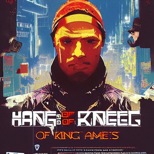 Image similar to the king of hackers game poster printed on playstation 2 video game box , Artwork by Craig Mullins, cinematic composition