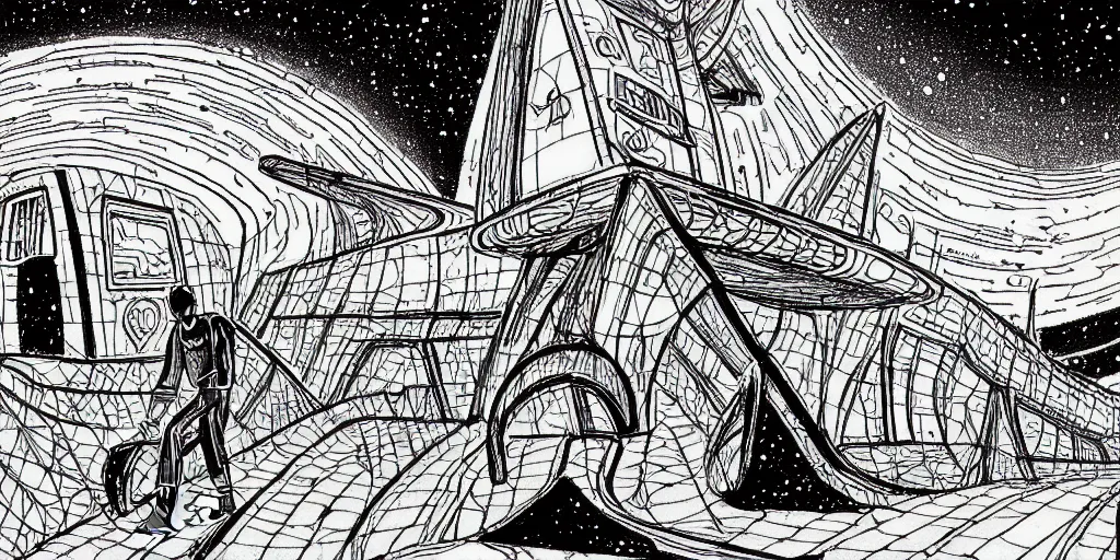 Prompt: traditional drawn colorful animation a solo stranger goes by skateboard to valley symmetrical architecture on the ground, space station planet afar, planet surface, ground, rocket launcher, outer worlds extraterrestrial hyper contrast well drawn Metal Hurlant Pilote and Pif in Jean Henri Gaston Giraud animation film The Masters of Time FANTASTIC PLANET La planète sauvage animation by René Laloux