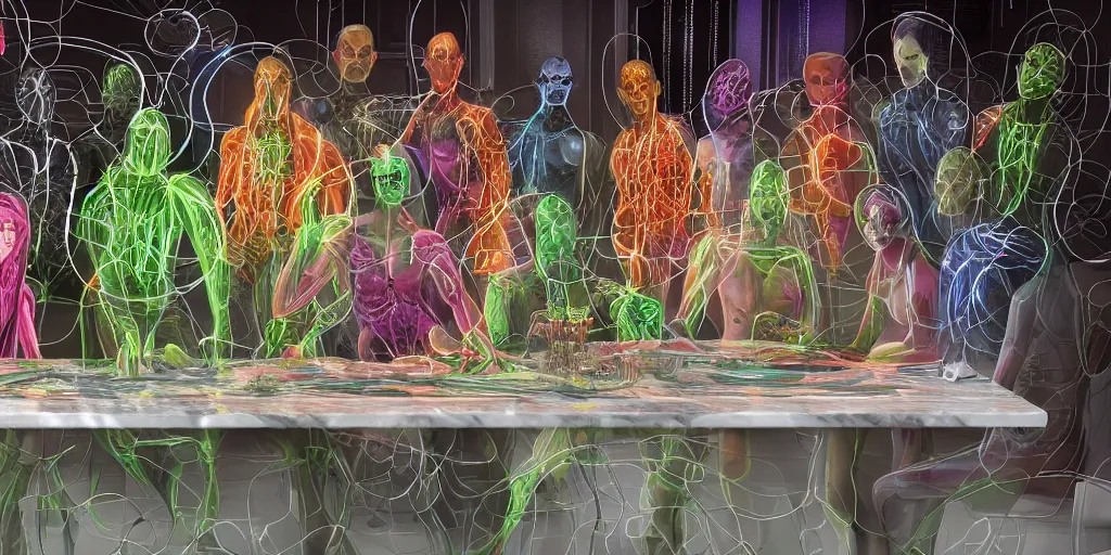 Image similar to !13 diverse aliens on !one_side of a !marble table, eating luxurios food !!posing_as_last_supper cinematic lighting, their clothes are high tech suits, intricate cables adorne their bodies and heads, neon, detailed implants, satin, crystal, liquid, surreal, floating, !!highly detalied, 8k, artstation, by Rolf Armstrong