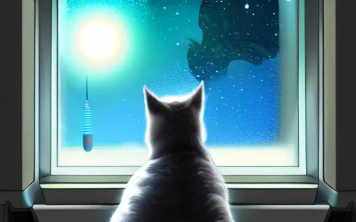 Image similar to cat in a space suit from behind in a space station watching the stars trough a large window, digital painting, dramatic lighting, highly detailed, artstation, concept art