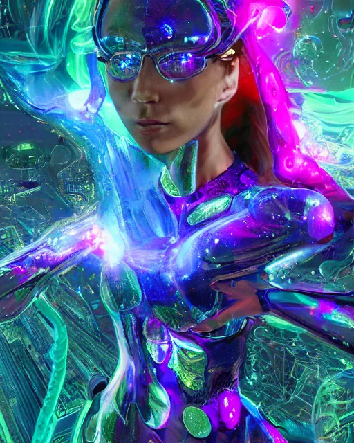 Image similar to a powerful energy psychedelic matrix woman, by alexander fedosav, hyper detailed digital matte painting, concept art, hyperrealism, 1 6 k resolution, cinema 4 d, 8 k resolution, trending on artstation, behance hd, a masterpiece, by stephan martiniere, particles, cel - shaded, power bright neon energy, by david a. hardy,