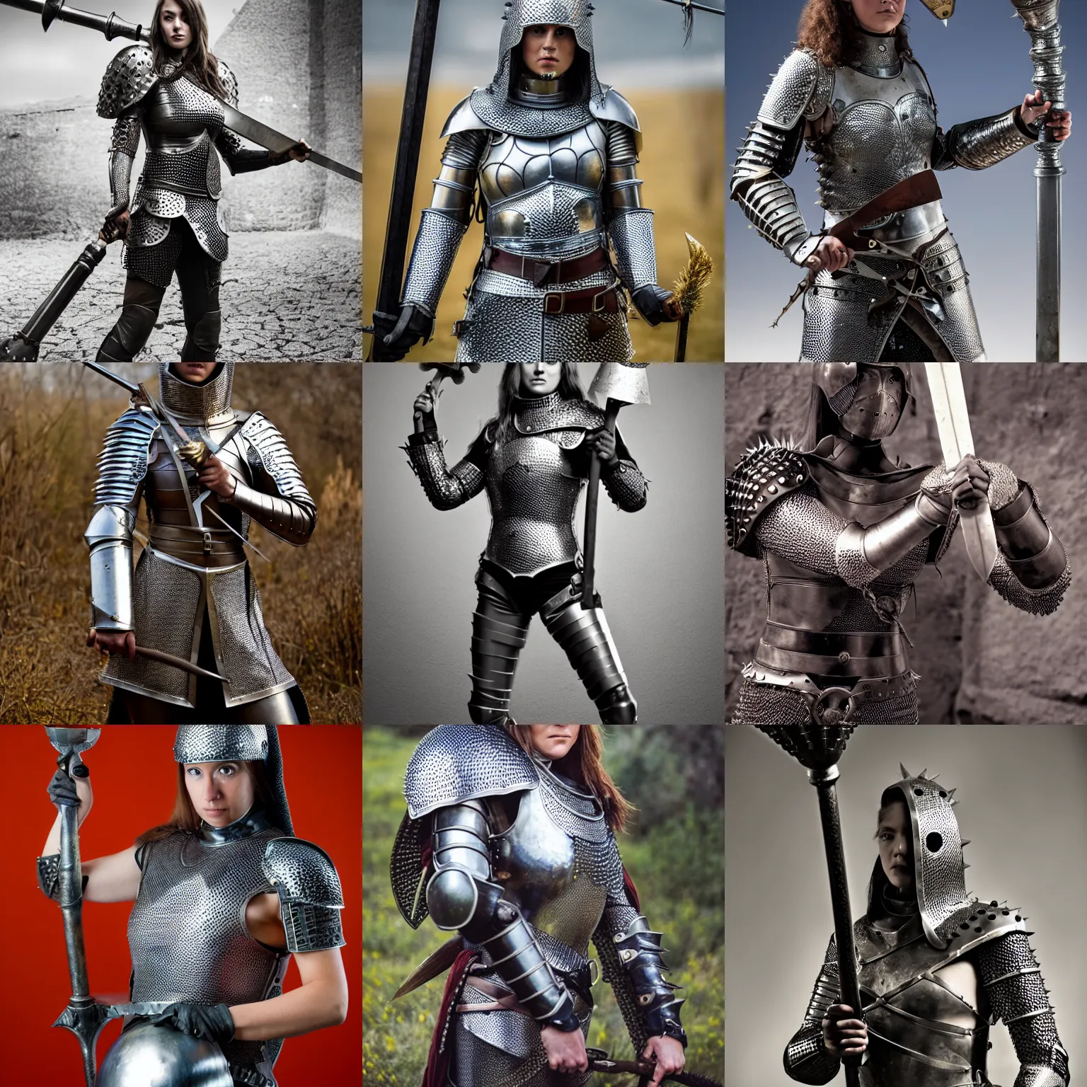 Prompt: A strong, tall, muscular, young female medieval knight, wearing chainmail, holding a heavy iron spiked mace, photography