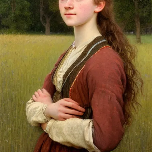 Prompt: a detailed, intricate oil painting portrait of a ukrainian peasant girl who resembles a teenage saoirse ronan and emma watson, in a field of grain, by william adolphe bougereau, john williams waterhouse, and donato giancola