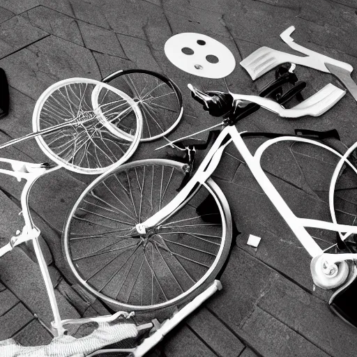 Image similar to parts of a bicycle scattered on a table, black and white, trending on artstation, hd