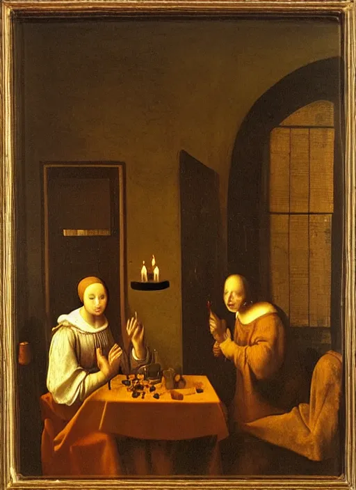 Image similar to a candlelit table at the inn, evening, dark room, two young people sitting at the table, swirling smoke, dark smoke, realistic, in the style of leonardo da vinci, dutch golden age, amsterdam, medieval painting by jan van eyck, johannes vermeer, florence