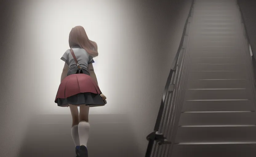 Image similar to school girl going up the stairs, gloomy and foggy atmosphere, octane render, cgsociety, artstation trending, horror scene, highly detailded