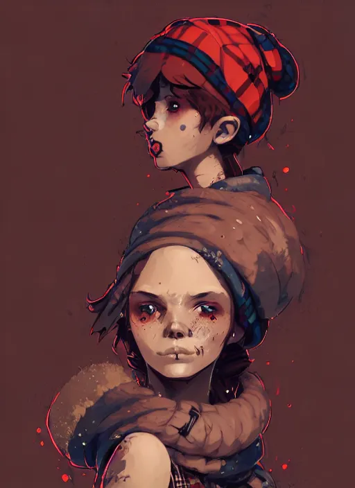 Image similar to highly detailed portrait of a sewer punk lady student, beanie, tartan scarf, wavy blonde hair by atey ghailan, by greg rutkowski, by greg tocchini, by james gilleard, by joe fenton, by kaethe butcher, gradient red, black, brown and cream color scheme, grunge aesthetic!!! graffiti tag wall background