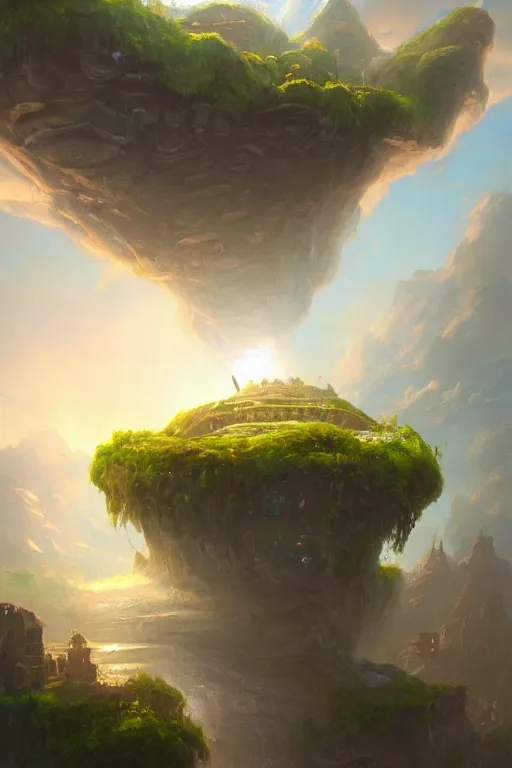 Prompt: a painting of a floating island in the sky, a detailed matte painting by Tyler Edlin, Artstation, fantasy art, 2d game art, matte drawing, concept art