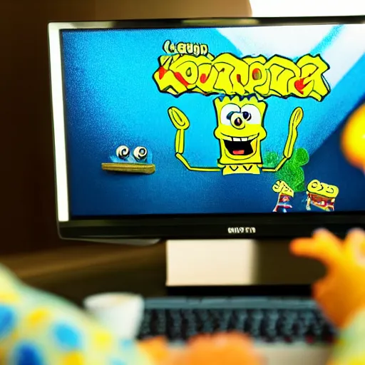 spongebob playing games on computer, dslr photo, high, Stable Diffusion