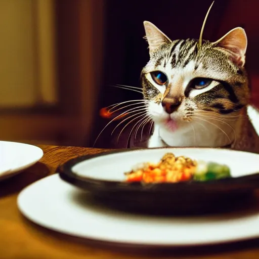 Prompt: dinner for one, but it is with cats, 5 5 mm