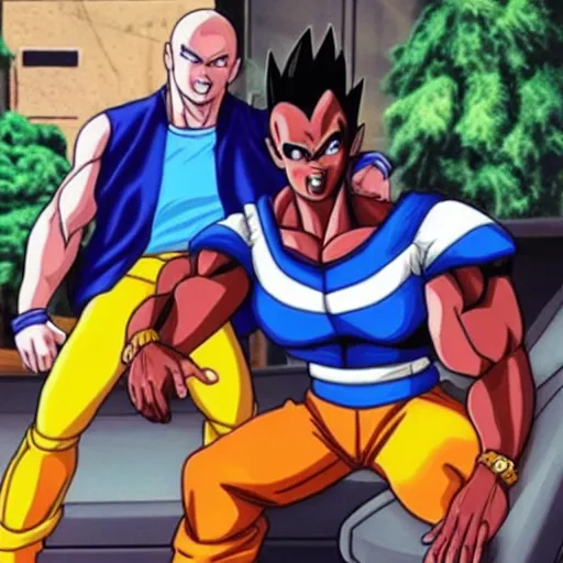 Prompt: 2 pac and vegeta hanging out