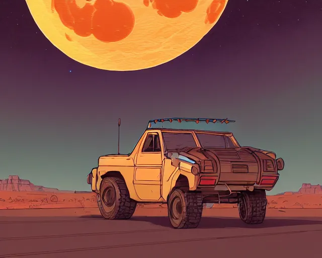 Image similar to a study of cell shaded cartoon of a mechanical coyote on a desert road, in front of a big moon illustration, wide shot, subtle colors, post grunge, concept art by josan gonzales and wlop, david rubin, mike mignola, laurie greasley, highly detailed, sharp focus, trending on artstation, hq, deviantart, art by artgem