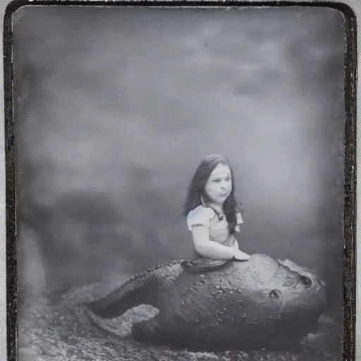 Image similar to tintype photo, underwater, girl riding the lochness monster