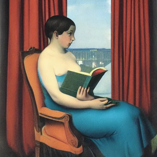 Prompt: a girl reading, old vintage colored photo by magritte, by ingres, strong lights, flat colors, pastel colors, eerie, nostalgic