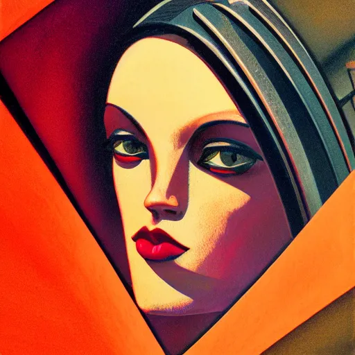 Image similar to detailed face of a woman, clockwork, moment, tectonic sky, skydome, bullet train, turbines, utopian, tech noir, wet reflections, prism, atmospheric, ambient, pj crook, syd mead, malcom t liepke, emma uber, edward hopper