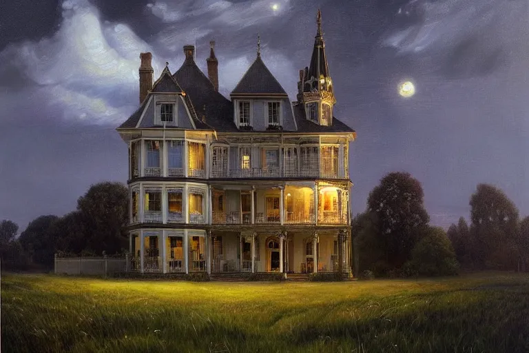 Image similar to a beautiful hyperrealistic painting of a british victorian house with a tower at night, very detailed by andrea kowch and samuel and joseph newsom
