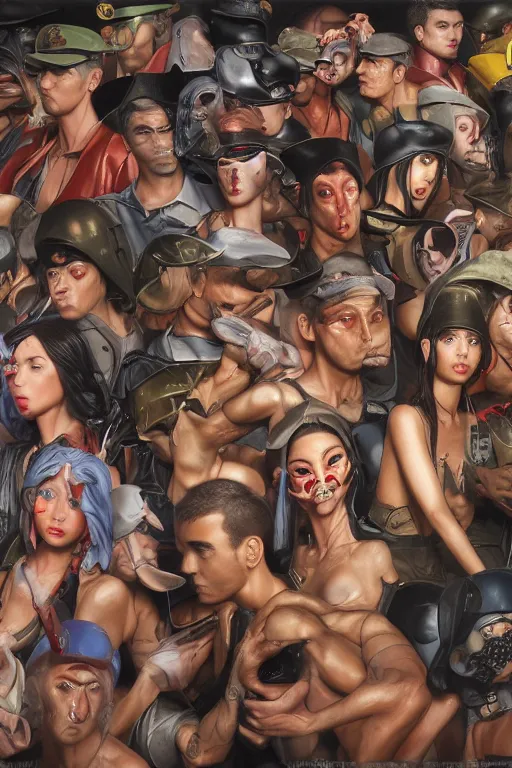 Image similar to place full of tunnel rats - pop art, hyperrealistic, smooth, by artgerm and richard hamilton and mimmo rottela and bob rafei and kazuma kaneko and bengus and yoshitaka amano, face features, human anatomy features, sharp focus, ultra realistic detail human composition, anatomy models details, multicultural race, incrinate