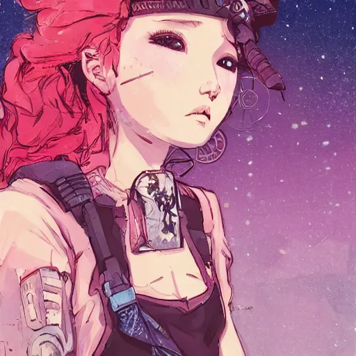 Image similar to close up, pose pointing with an arrow bow and screaming!!, a grungy cyberpunk anime, very cute, by super ss, curly pink hair, night sky by wlop, james jean, victo ngai, highly detailed